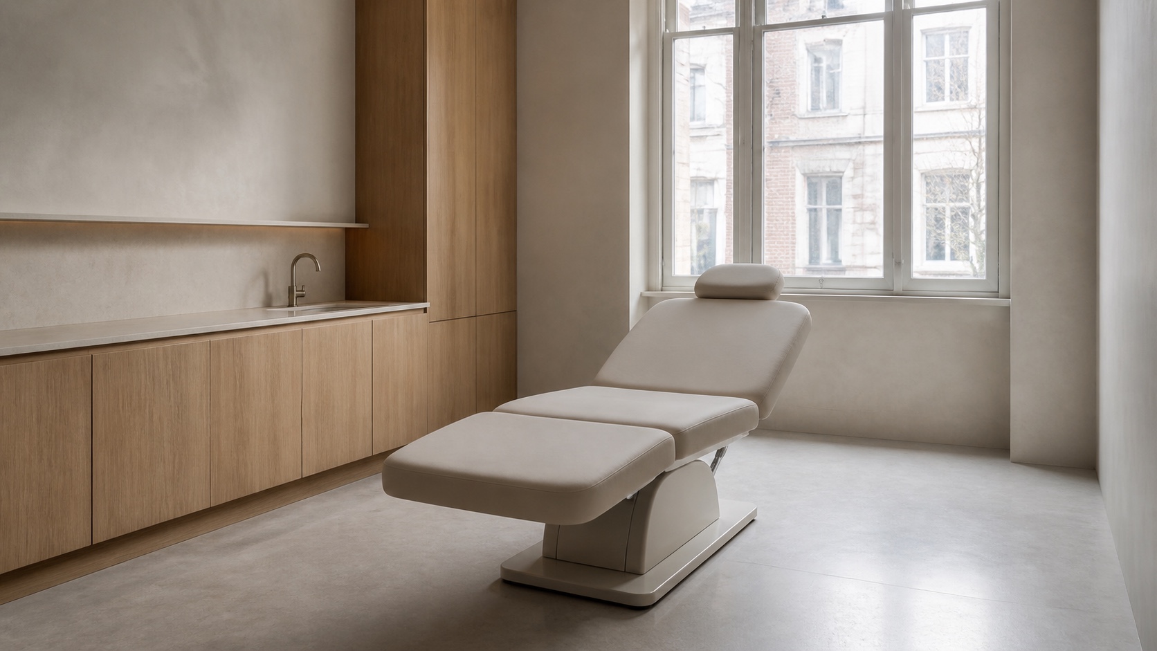 An empty pale-plaster treatment room with oak cabinetry, a light upholstered treatment chair and a large window.